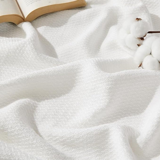 Bedsure 100% Cotton Blanket Twin XL Size for Bed - Breathable and Lightweight, Soft Cozy Textured Herringbone Woven Blanket for Summer Spring, White, 66x90 inches