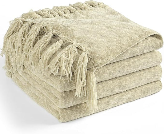 Chenille Throw Blanket for Couch 50"X 60", Soft Cozy Throws with Fringe Tassel for Bed Sofa Chair Cover, Lightweight Knitted Decorative Boho Blankets for Living Room, Light Beige