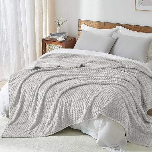 PHF Ultra Soft Flannel Fleece Blanket King Size, Lightweight 3D Jacquard Fleece Blanket, No Shedding, No Pilling, Luxury 340GSM Aesthetic Fluffy Cozy for Bed Room Decor, 108"x90", Light Grey