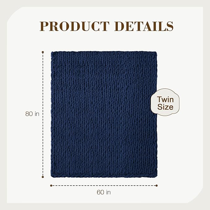 Carriediosa Chunky Knit Throw Blanket 60" X 80" Twin, 100% Hand Made Large Chenille Loop Yarn Soft Fluffy Throws for Couch Sofa Bed, Big Crochet Cozy Heavy Thick Cable Woven Blankets, Navy Blue