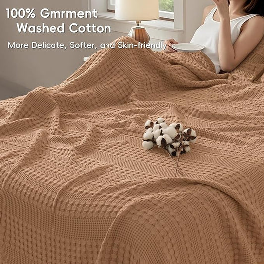 PHF 100% Cotton Waffle Weave Blanket King Size, Soft Lightweight Breathable Cozy Summer Blankets for Bed, Luxury Aesthetic Woven Bedding for Home Decor, 108"x90", Camel