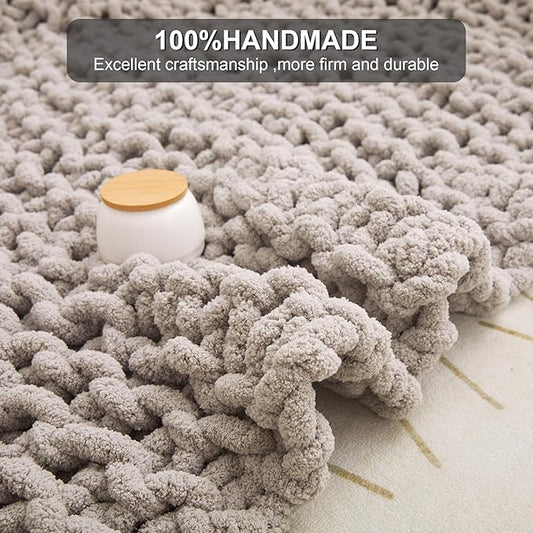 Knit Blanket 50"x60" Light Grey Cream Soft Washable Chenille Throw Blanket Cozy 100% Handmade Crochet Blankets with Jumbo Chenille Yarn for Couch Bed Sofa Room Decor