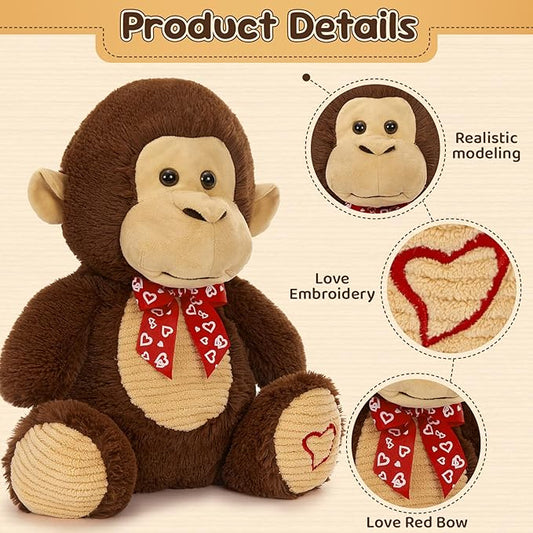 Valentine Monkey Stuffed Animal, Monkey Plush Toy with Red Heart Bow Tie and Embroidered Heart Footprints, 15" Soft Cuddly Stuffed Monkeys for Girls Boys Kids, Christmas Birthday Gift