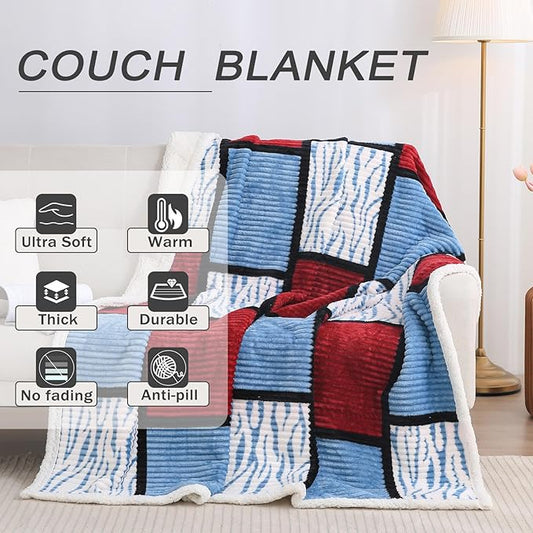 PU MEI Sherpa Blanket Fleece Throw Blanket Twin Plaid Thick Bed Blanket, Soft Warm Cozy Throw Blanket for Couch 60”*80” Zebra-Wine Blue