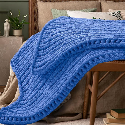 Light Blue Throw Blanket, 30" x 40" Chunky Knit Blanket, Handmade Warm & Soft Chenille Throw Blanket, Washable Decorative Knit Blanket with Jumbo Chenille Yarn for Couch Bed Sofa