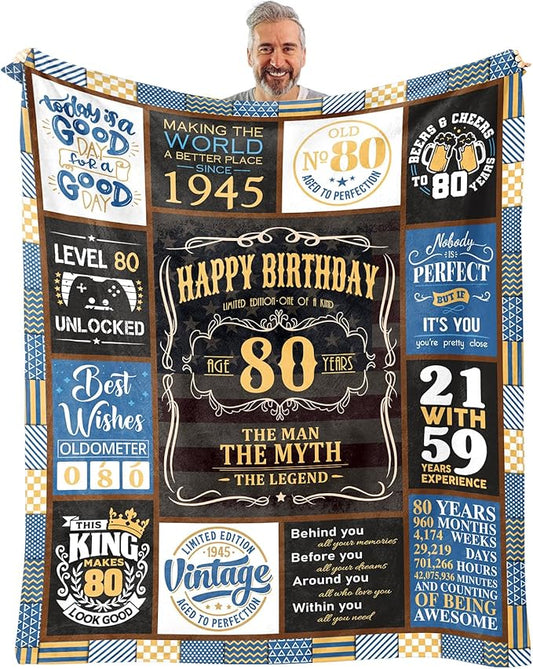 80th Birthday Blanket 60 x 50 inch, 80th Birthday Gifts for Men, 80 Year Old Birthday Gifts for Men, 1945 Birthday Gifts for 80 Year 0ld Man