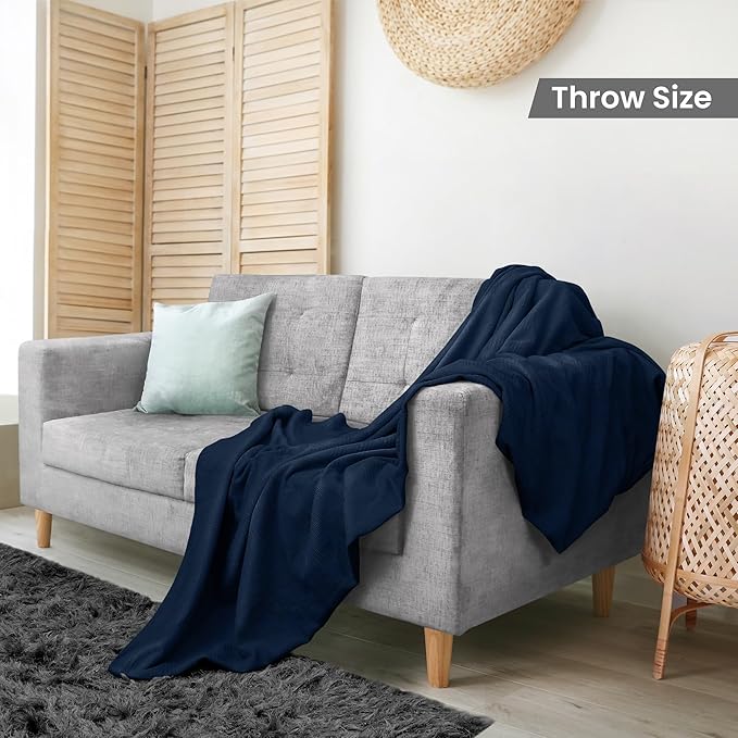 Utopia Bedding Navy 100% Cotton Blanket [Throw Size - 60x50 Inch] 350GSM Lightweight, Soft and Breathable Thermal Blanket for All Seasons