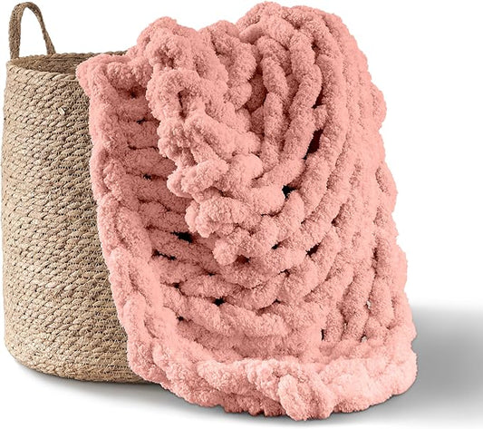 Adyrescia Chunky Knit Blanket Throw | 100% Hand Knit with Jumbo Chenille Yarn (50"x60", Seashell Pink)