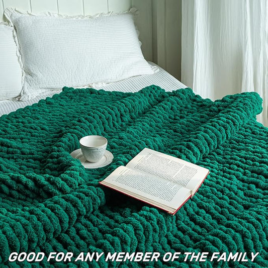 Chunky Knit Blanket - Luxury Soft Cozy Small Size(50 * 60) Throw Blanket,100% Woven Blanket Rope Knot Throw Blanket for Couch, Sofa, Home Decor, Gift - Machine Washable（Blackish Green）