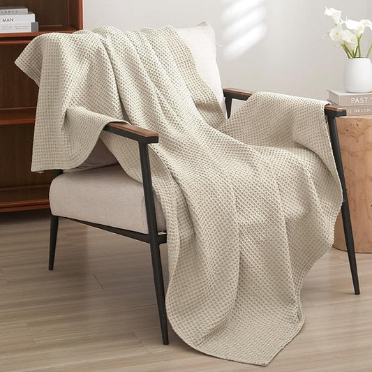 PHF Pre-Washed Cotton Waffle Weave Blanket Throw Size for Couch Bed,Snag Proof Spring Summer Lightweight Breathable,Oeko-TEX Certified,Machine Washable, Home Decor Gift-Linen/Stone