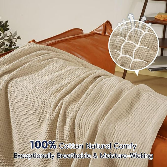 PHF 100% Cotton Waffle Muslin Blanket Twin Size, 66" x 90" Lightweight and Breathable Washed Cotton Blanket, Aesthetic Soft Muslin Waffle Bedding for Sofa Bed Home Decor, Oak