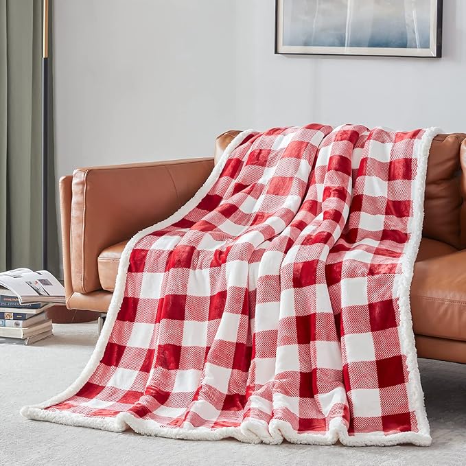 Touchat Red and White Buffalo Plaid Christmas Twin Blanket, 60" X 70", Fuzzy Fluffy Soft Cozy Fleece Flannel Plush Microfiber Blanket for Couch, Bed, Sofa
