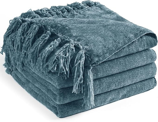 Chenille Throw Blanket for Couch 60"X 80" Twin, Soft Cozy Throws with Fringe Tassel for Bed Sofa Chair Cover, Lightweight Knitted Decorative Boho Blankets for Living Room, Dusty Blue