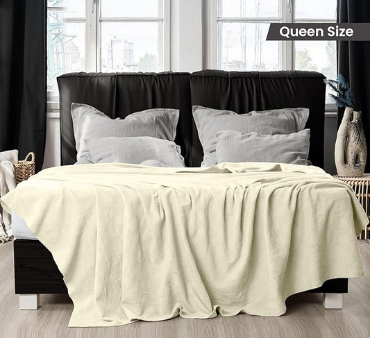 Utopia Bedding Ivory 100% Cotton Blanket [Queen Size - 90x90 Inch] 350GSM Lightweight, Soft and Breathable Thermal Blanket for All Seasons