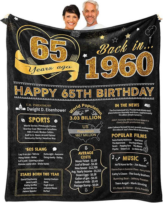 65th Birthday Gifts for Women Men, Birthday Gifts for 65 Year Old Woman Man, 65 Year Old Birthday Gifts for Women Men, 1960 Birthday Gifts for Women, 65th Birthday Gift Ideas Throw Blanket 60x50 Inch