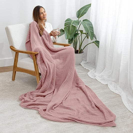 Comfy Cubs Muslin Throw Blanket - 50” x 60” Quilted Design - Lightweight, Breathable 6-Layer Gauze Fabric - Soft Cotton Blanket for Home or Travel - Packaged in Elegant Gift Box - Mauve