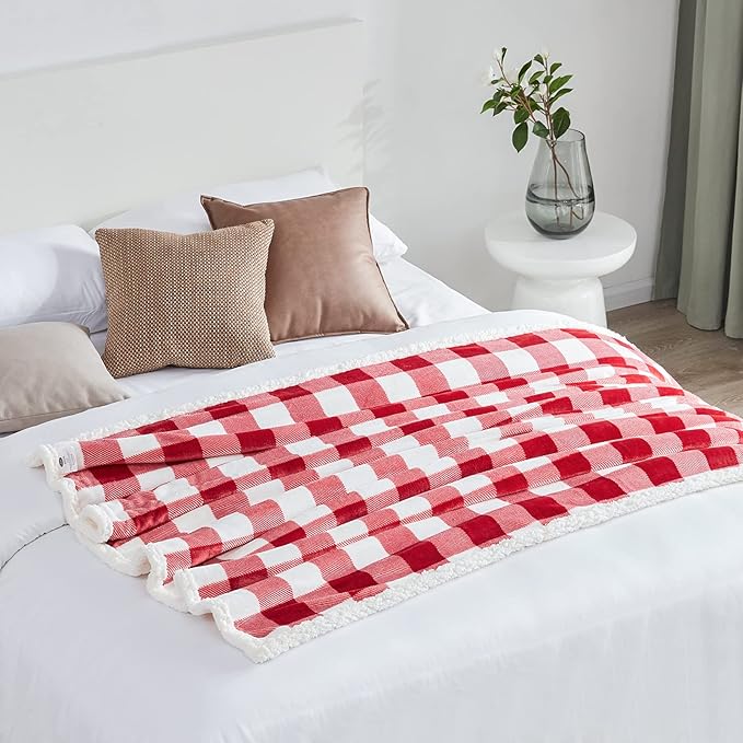 Touchat Red and White Buffalo Plaid Christmas Twin Blanket, 60" X 70", Fuzzy Fluffy Soft Cozy Fleece Flannel Plush Microfiber Blanket for Couch, Bed, Sofa