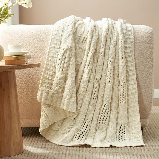Amélie Home Chunky Knit Chenille Throw Blanket, Breathable Cable Knitted Blanket for Couch, Farmhouse Decorative Throw for Sofa Chair Bed, 60"x80", Ivory