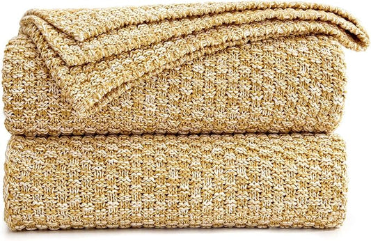 Longhui bedding Gold Knitted Throw Blanket for Couch, Soft, Cozy Machine Washable 100% Cotton Sofa Blanket, 60”x80”, Mustard Yellow and White, Laundry Bag Included