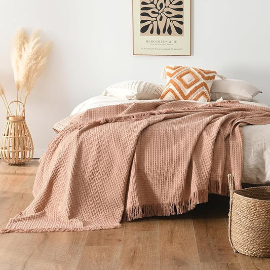 100% Cotton Waffle Blanket with Fringe, Pre-Washed Waffle Weave Blanket for All Season, Lightweight Breathable Soft Cozy Throw Blanket for Couch, Bed, Travel (Dusty Pink - 66x90 Inches)