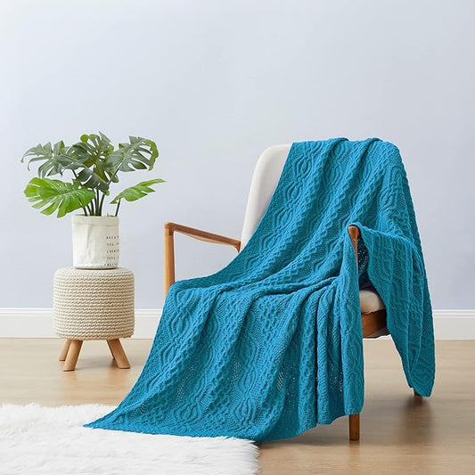 Aormenzy Teal Cable Knit Throw Blanket, Soft & Warm Knitted Blanket Throw for Couch Bed Sofa Living Room, 50 x 60 Inch