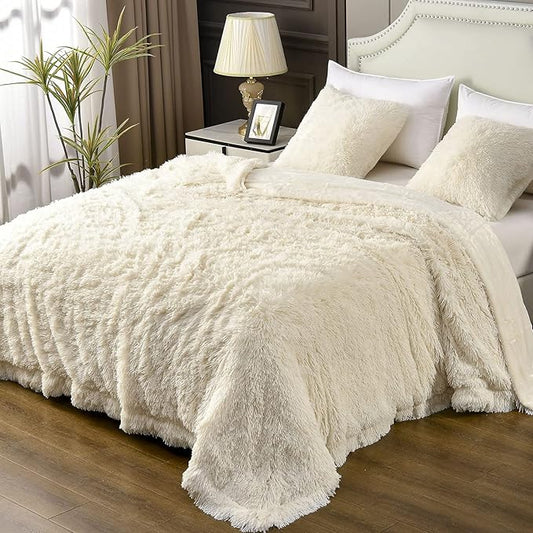 YUSOKI Twin Size Faux Fur Throw Blanket(Cream White,60" x 80"),Whithout Pillows,Winter Lightweight Plush Fuzzy Soft Cozy Microfiber Comfy Bed Blanket for Women Kids Girls Couch Sofa Washable