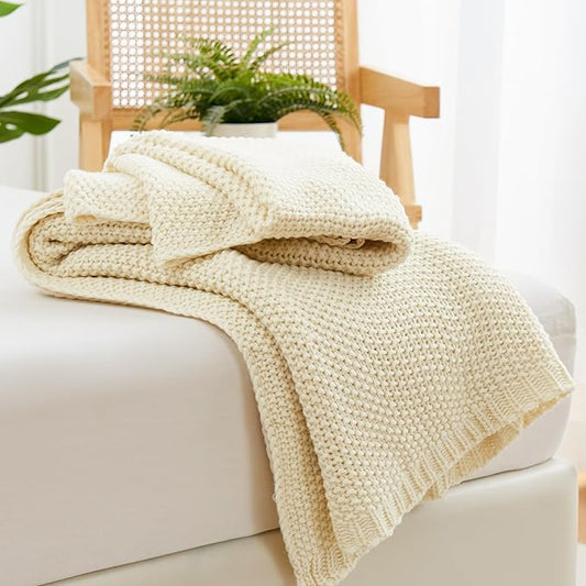 Aganear Knit Throw Blanket for Couch, Knit Throw Blanket for All Seasons, Soft Comfy Lightweight Cable Knitted Throw Blanket for Living Room Bed Office Travel Boho Room Decor(60"x80", Biege)