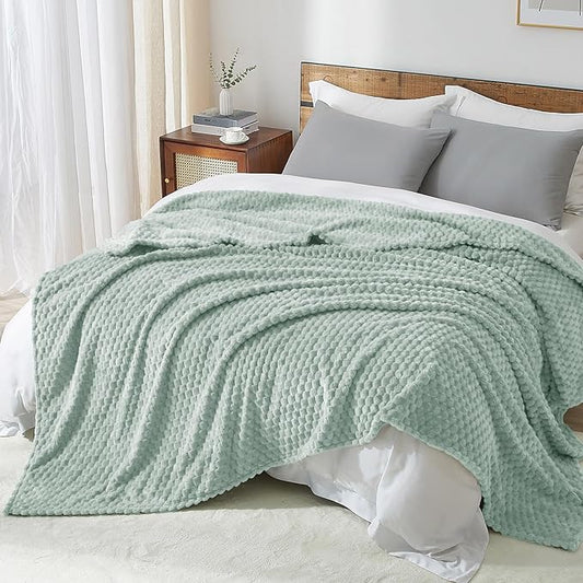 PHF Ultra Soft Flannel Fleece Blanket Queen Size, Lightweight 3D Jacquard Fleece Blanket, No Shedding, No Pilling, Luxury 340GSM Aesthetic Fluffy Cozy for Bed Room Decor, 90"x90", Sage Green