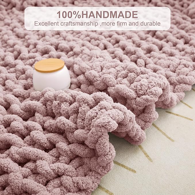 Knit Blanket 50"x60" Pink Cream Soft Washable Chenille Throw Blanket Cozy 100% Handmade Crochet Blankets with Jumbo Chenille Yarn for Couch Bed Sofa Room Decor