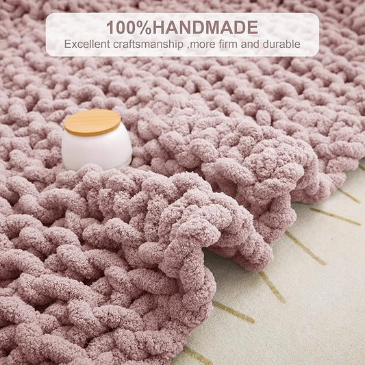 Knit Blanket 50"x60" Pink Cream Soft Washable Chenille Throw Blanket Cozy 100% Handmade Crochet Blankets with Jumbo Chenille Yarn for Couch Bed Sofa Room Decor