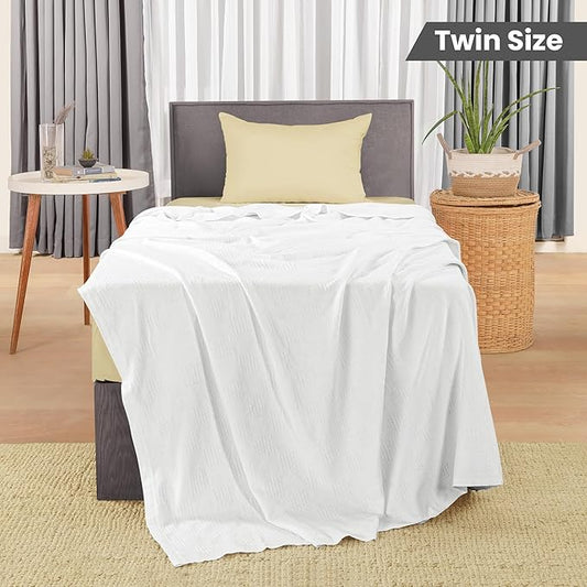 Utopia Bedding White 100% Cotton Blanket [Twin Size - 90x72 Inch] 350GSM Lightweight, Soft and Breathable Thermal Blanket for All Seasons