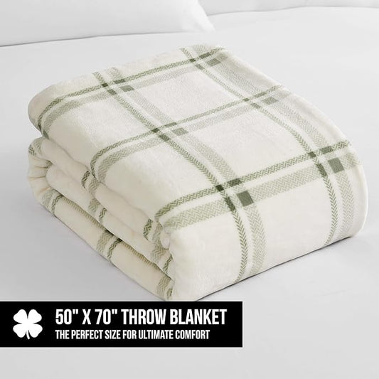 Lucky Brand Sherpa Plaid Olive/Sage 50"X70" Cozy Plush Blanket - Premium Microfiber Throw for Luxurious Comfort and Style