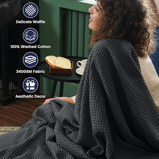PHF 100% Cotton Waffle Weave Blanket King Size 104" x 90" - Lightweight Washed Soft Breathable -Perfect Layer for Couch Bed Sofa - Aesthetic Elegant Home Decoration Gift - Black