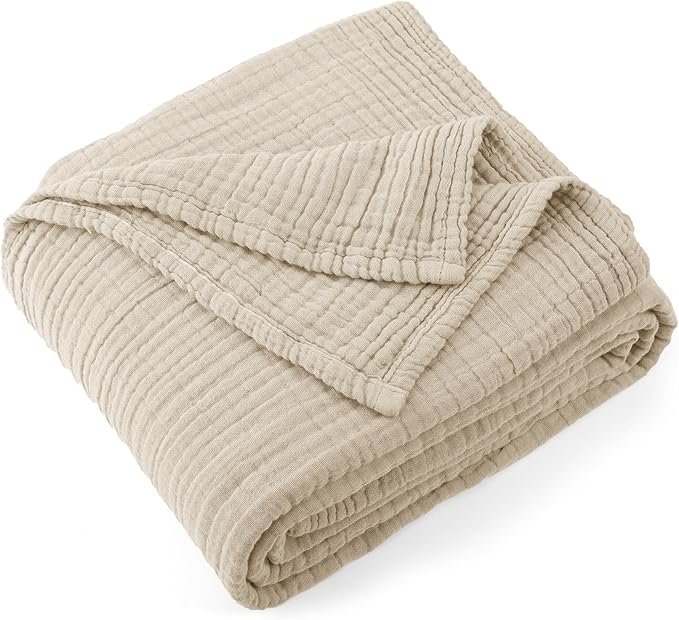 Carriediosa 100% Cotton Muslin Throw Blanket 90" X 90" Queen Size，4-Layers Summer Gauze Throws for Bed Couch，Soft Lightweight Breathable Linen Blankets Bedspread for Adults All Season，Khaki