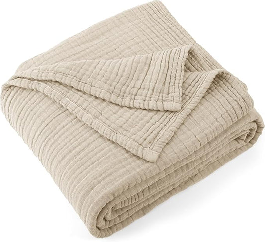 Carriediosa 100% Cotton Muslin Throw Blanket 90" X 90" Queen Size，4-Layers Summer Gauze Throws for Bed Couch，Soft Lightweight Breathable Linen Blankets Bedspread for Adults All Season，Khaki