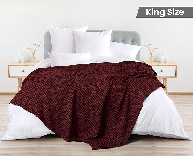 Utopia Bedding Burgundy 100% Cotton Waffle Blanket 300 GSM [King - 90x108 Inch] Soft Lightweight Breathable Bed Blanket for All Season
