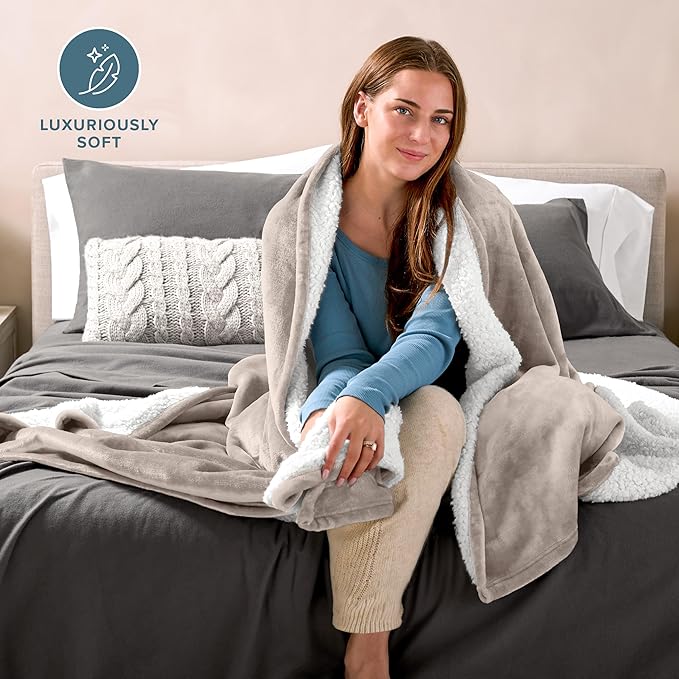 Bare Home Sherpa Fleece Blanket - Twin/Twin Extra Long - Blanket for Bed, Sofa, and Couch - Warm & Lightweight - Fluffy & Soft - Reversible (Twin/Twin XL, Light Taupe)