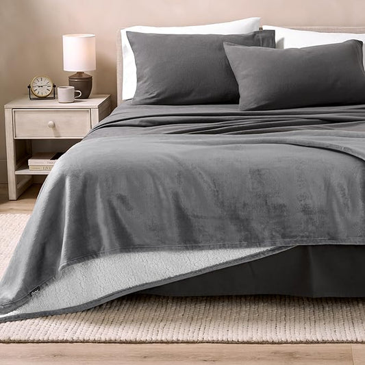 Bare Home Sherpa Fleece Blanket - King Size - Blanket for Bed, Sofa, and Couch - Warm & Lightweight - Fluffy & Soft - Reversible (King, Grey)