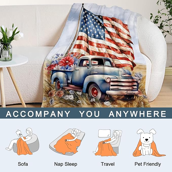 Neatee Living Patriotic Throw Blanket Twin 4th of July Memorial Day Fourth of July American Flag Veteran Blanket Couch Bed Stars Stripe Red White Blue Soft Fleece Blanket Home Decorations 60x80