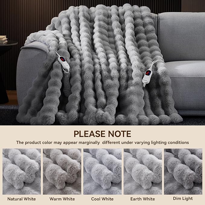 Heated Blanket Throw with 1/2/4/6/8 Hours Auto-Off 10 Heat Level, 90'' * 100'' Cozy Faux Rabbit Fur Bubble Electric Blanket with Overheat Protection(Light Grey)