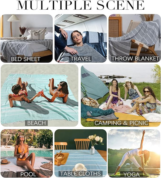 Giant Turkish Beach Towel Blanket Extra Large Boho Throw Blanket Jumbo Fast Drying Soft Thin Sandless Compact Oversized No Sand Repellent Anti Resistant Repels Sandfree Chamois Women Men Adult Gifts