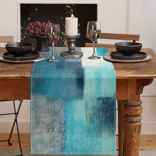 Emvency Farmhouse Table Runner, Modern Teal and Grey Abstract Art Painting for Kitchen Coffee Table Family Dinners Holiday Parties Wedding Events Decor(13x60 inch)