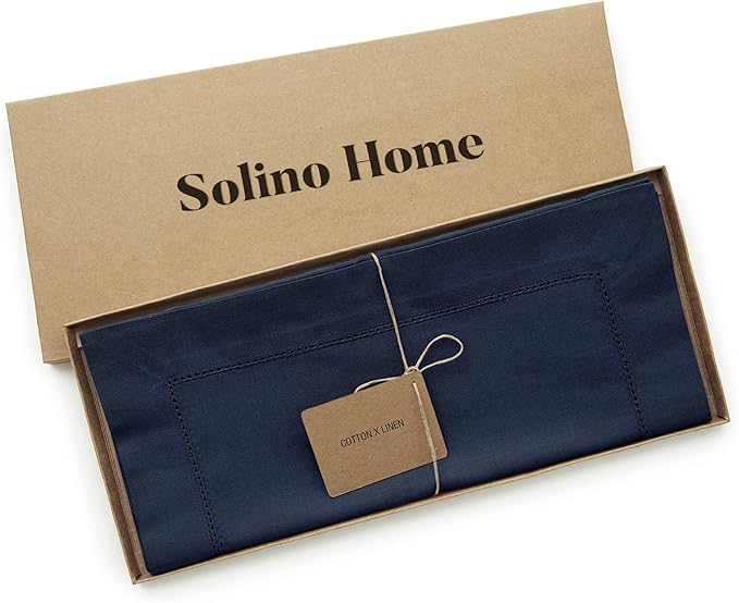Solino Home Navy Table Runner 90 Inches Long - Cotton Linen Hemstitch 14 x 90 Inch Table Runner for Dining, Summer, Fall, Autumn