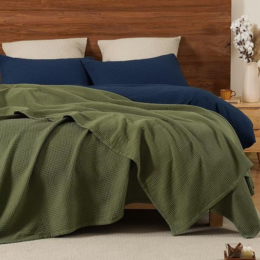 PHF 100% Cotton Waffle Muslin Blanket Twin Size, 66" x 90" Lightweight and Breathable Washed Cotton Blanket, Aesthetic Soft Muslin Waffle Bedding for Sofa Bed Home Decor, Olive Green