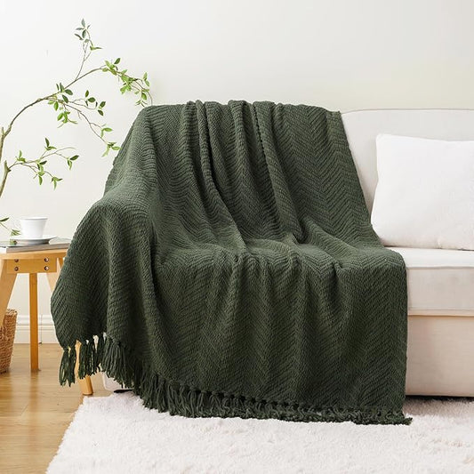 BATTILO HOME Olive Green Throw Blanket for Couch, Knit Throw Blanket,Super Soft Warm Home Decor Throw Tassels Bed,Sofa and Living Room,50" x 60"
