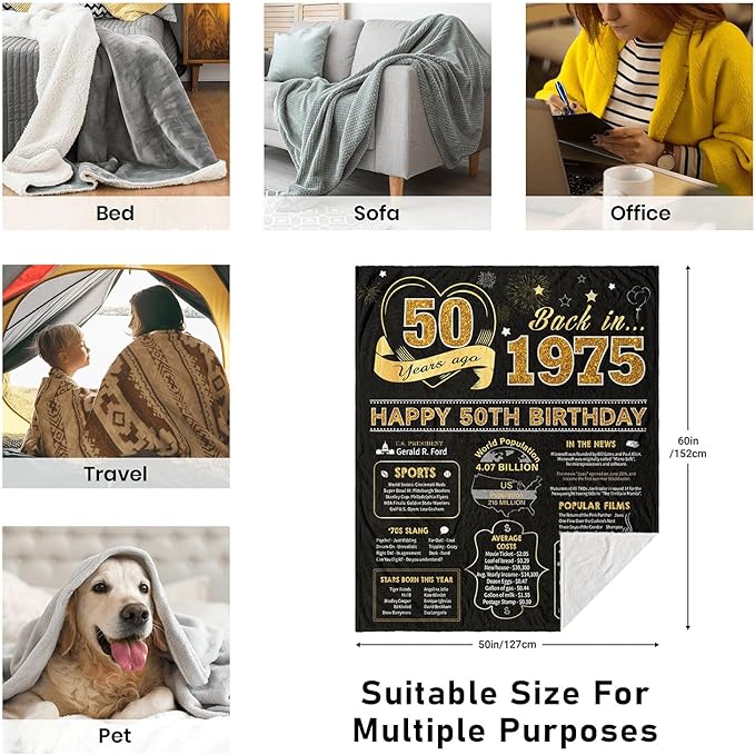 50th Birthday Gifts for Her/Him, 50th Birthday Gifts for Women Men, 50th Birthday Gift Ideas Throw Blanket 60 x 50 Inch, 1975 Birthday Gifts for Woman Man, 50 Year Old Gifts for Women/Men Turning 50