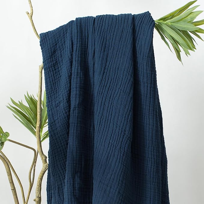 Carriediosa 100% Cotton Muslin Throw Blanket 90" X 90" Queen Size，4-Layers Summer Gauze Throws for Bed Couch，Soft Lightweight Breathable Linen Blankets Bedspread for Adults All Season，Navy Blue