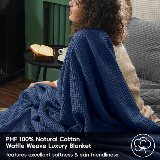 PHF Pre-Washed Cotton Waffle Weave Blanket Twin Size for Bed,Snag Proof Throw for Couch Spring Summer Lightweight Breathable,Oeko-TEX Certified,Machine Washable,Home Decor Gift-Bright Navy Blue
