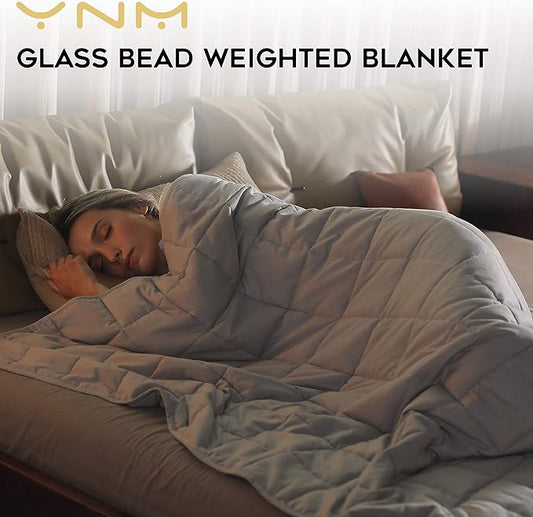 YnM Oeko-Tex Certified Premium 60 x 80 Inch 20 Pound Cotton Calming Heavy Weighted Blanket with Glass Beads for Queen and King Beds, Light Grey