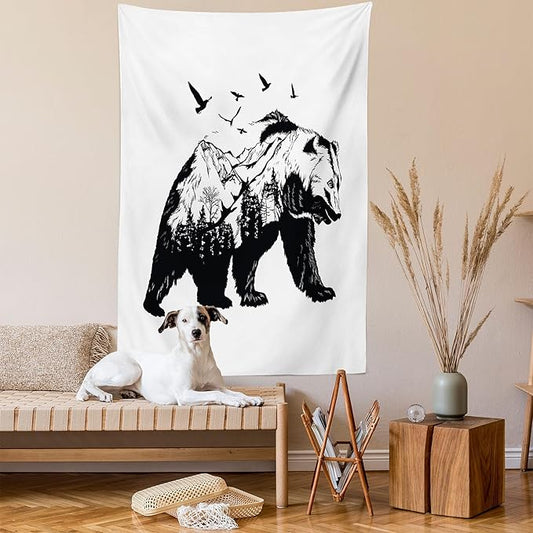 Ambesonne Bear Tapestry, Mammal Silhouette Mountain Landscape Flying Birds and Forest Wildlife Design, Fabric Wall Hanging Decor for Bedroom Living Room Dorm, 30" X 45", White Charcoal